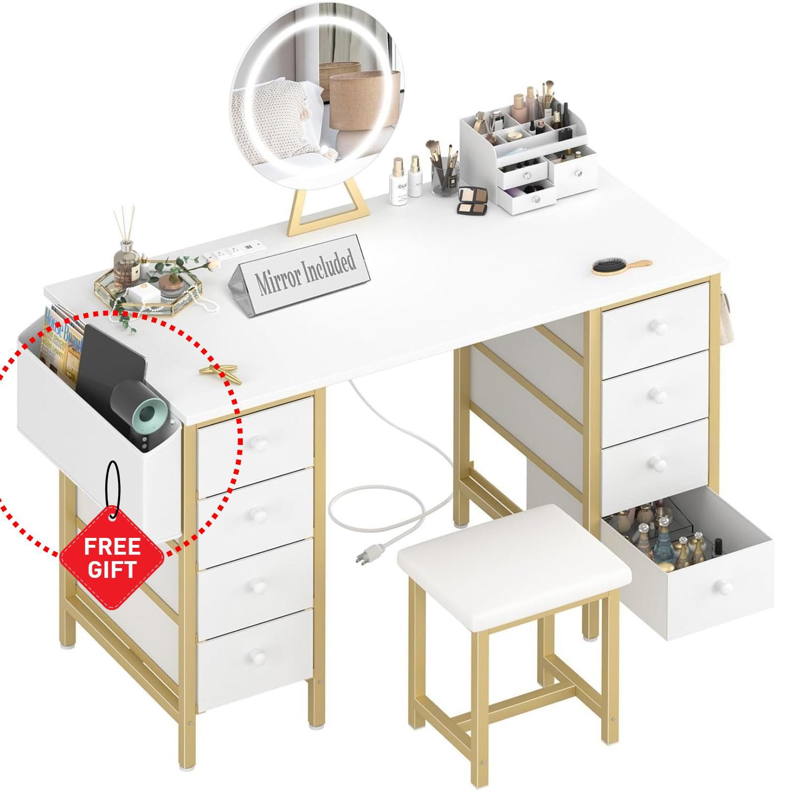 White Vanity Desk with Mirror and Light- Makeup Vanity Set Table with Chair, Storage, Lighted Mirror, 8 Large Fabric Drawers & Power Outlet, Dressing Table Vanities for Bedroom, Get Free Gift White Vanity Desk with Mirror and Light- Makeup Vanity Set Table with Chair, Storage, Lighted Mirror, 8 Large Fabric Drawers & Power Outlet, Dressing Table Vanities for Bedroom, Get Free Gift
