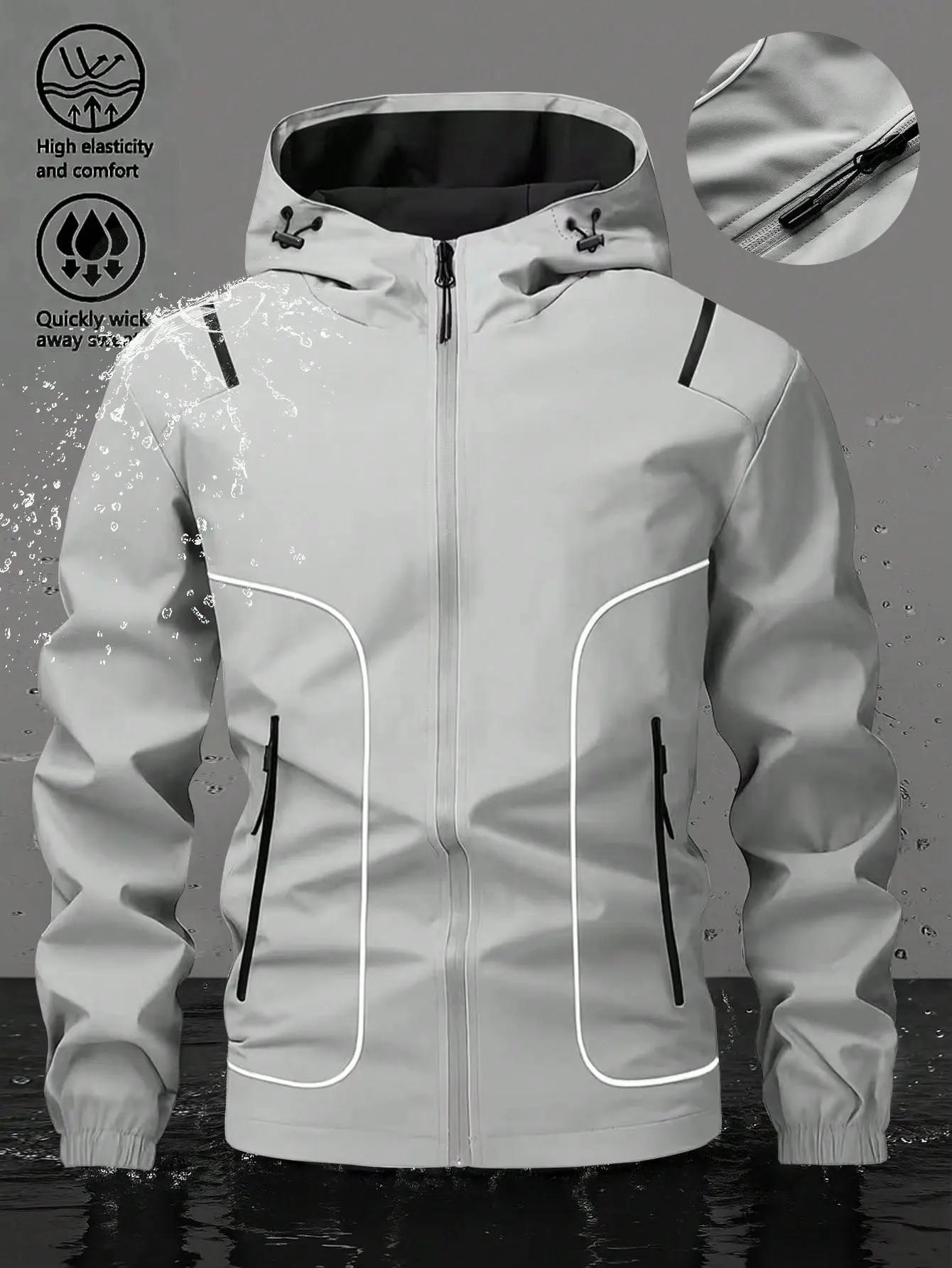 Trendy loose casual men’s jacket with a multifunctional waterproof design, featuring a hood with adjustable drawstring, zippered pockets, and windproof protection—ideal for outdoor wear in spring and autumn.