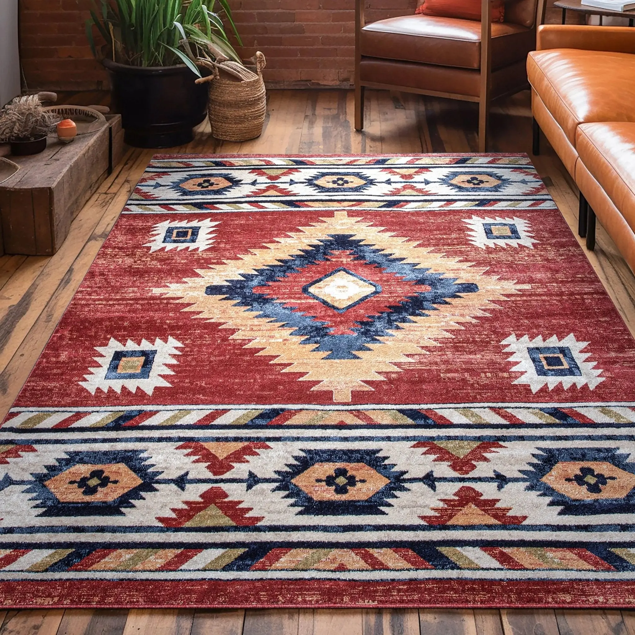 Lea Crimson Traditional Southwestern Tribal Rug