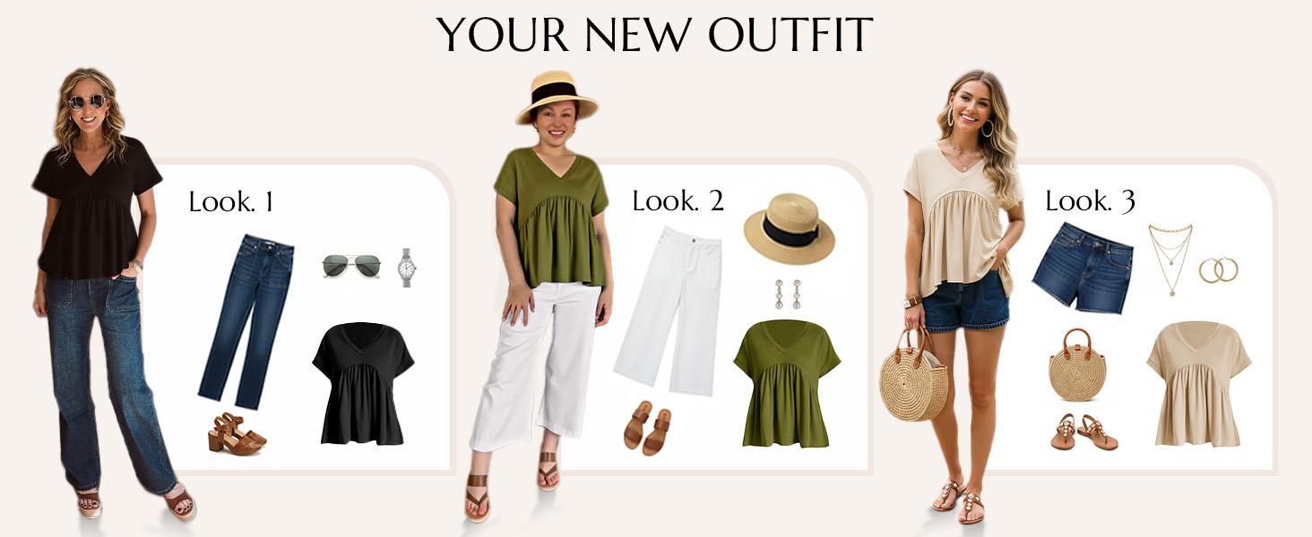 Cicy Bell Womens Summer Peplum Tops Oversized Babydoll Short Sleeve V Neck T Shirts Casual Loose Pleated Swing Blouse