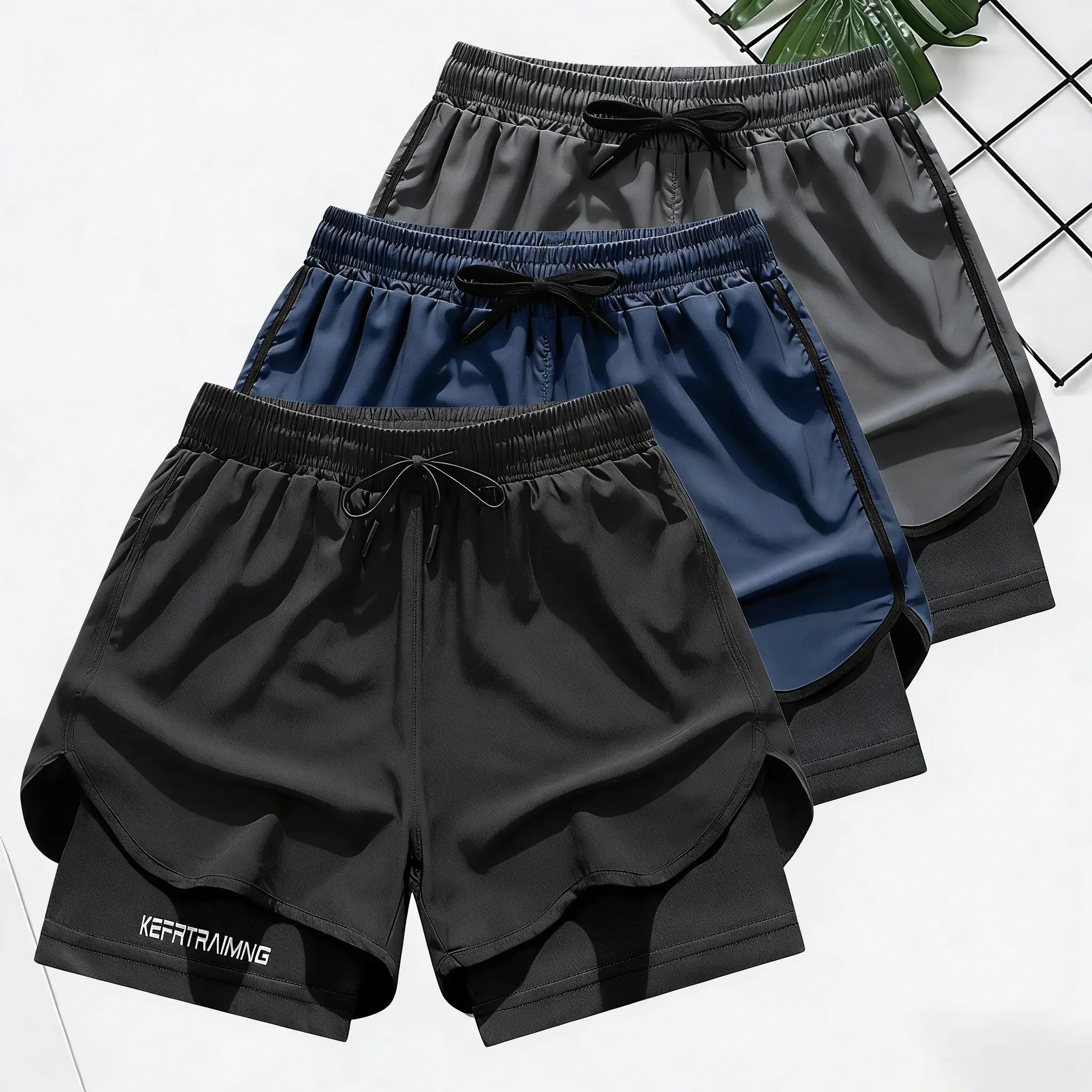 3-Pack — Men’s letter-print 2‑in‑1 double‑layer drawstring fitness shorts, regular fit, casual, comfortable, breathable, quick‑drying, with anti‑exposure pocket design; suitable for gym workouts, running, and other sports occasions; summer/spring men’s