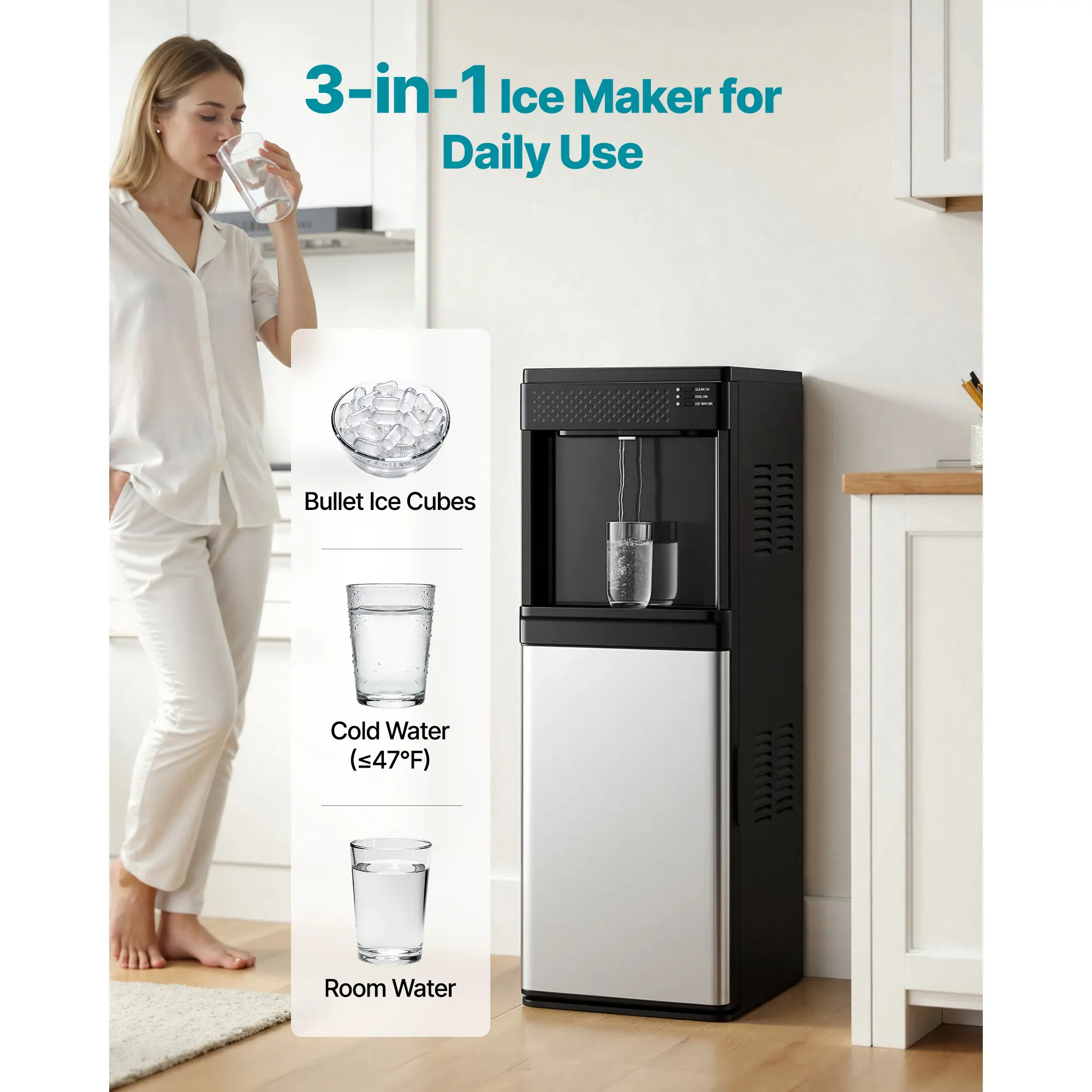 Water Dispenser with Ice Maker, 3-in-1 Floor-Standing Water Dispenser, 33 LBS/24H, 9 Cubes/7 Min Fast Ice Making with 1.3 LBS Storage, Bullet Ice-Cubes & Cold-Water, for Home, Kitchen, Party