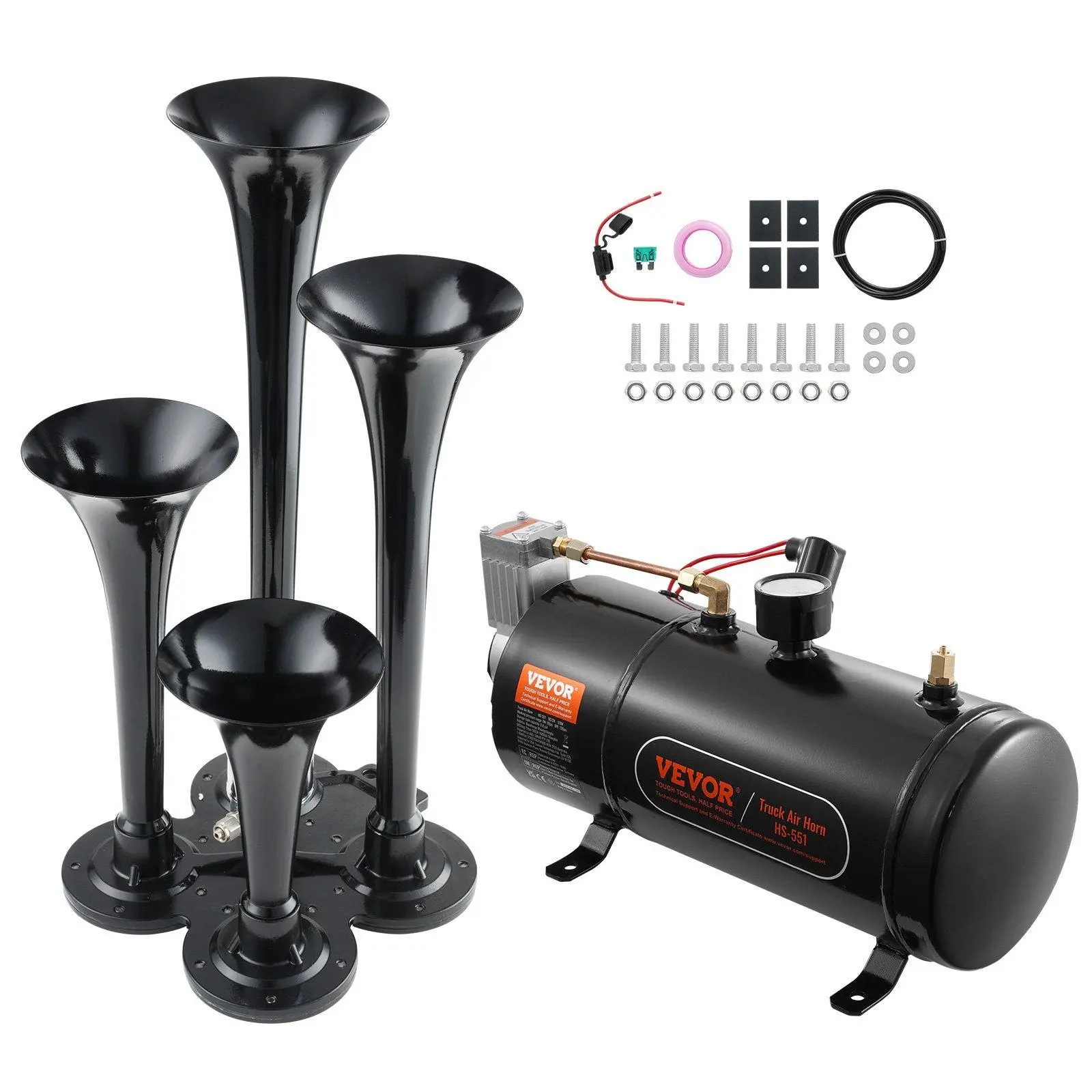 【summerfinds】VEVOR Train Horns Kit, 4 Trumpet Air Horn Kit, 150dB Train Horns for Pickup Trucks, 12V 120 psi Air Compressor 0.8 Gal/3 L Tank with Gauge for Any 12V Vehicle Car Truck Train Van Boat