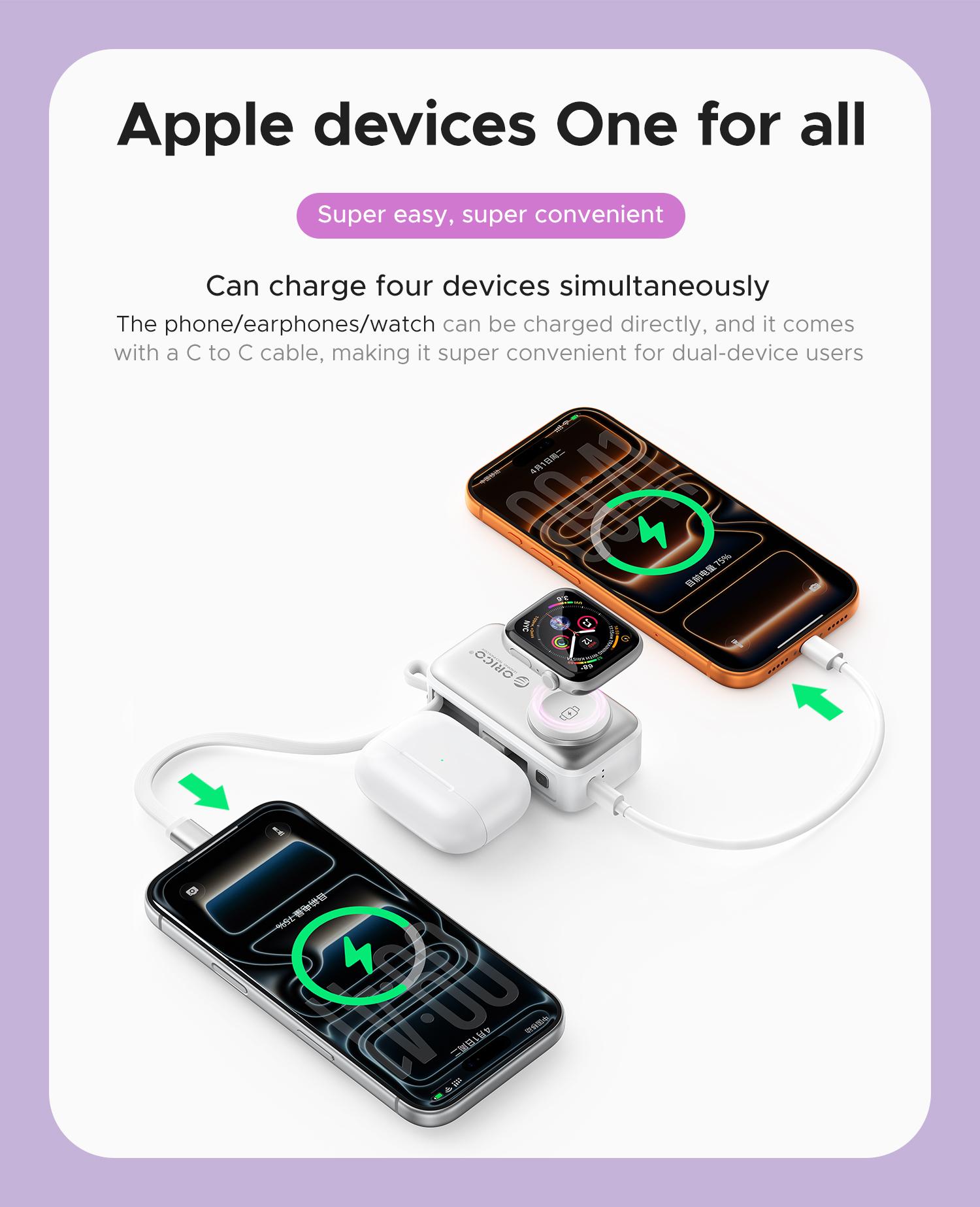 Orico 3-in-1 Portable Power Bank with Integrated Cable, Watch Wireless Charging, and Foldable Wall Plug – Compact Fast-Charge Battery for iPhone & Android - S18