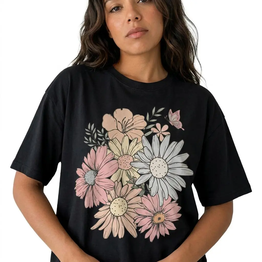 Boho Wildflower Graphic Tee Women Plus Size Floral Botanical Daisy Shirt