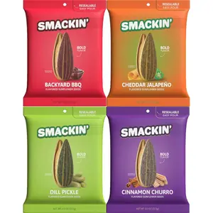 **SMACKIN’ Sunflower Seeds 4-Flavor Variety Pack – 4oz Bags Cinnamon Churro, Backyard BBQ, Dill Pickle & Cheddar Jalapeño Snack**