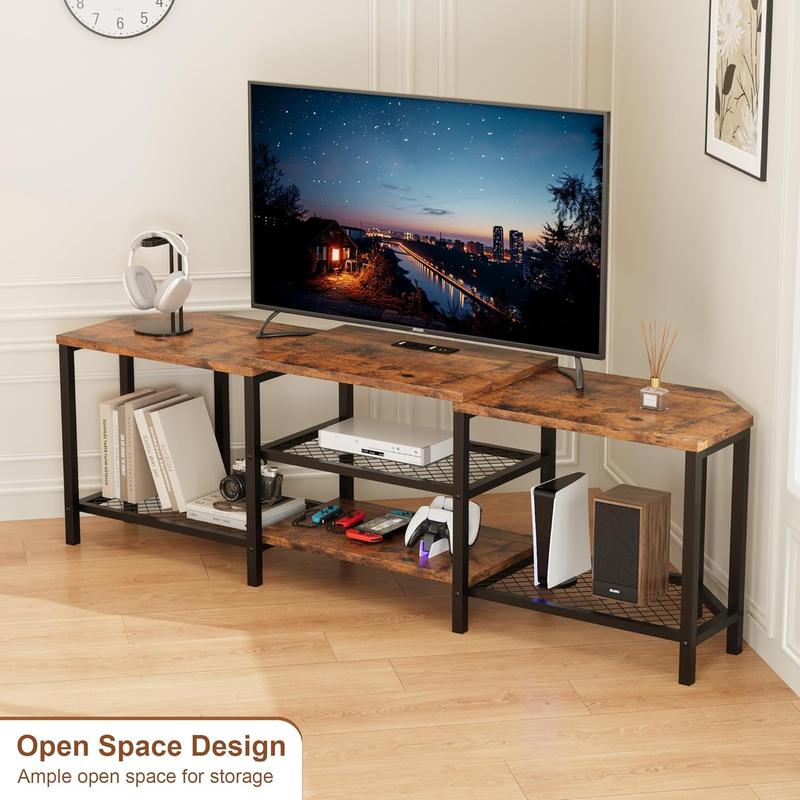 TV Stand for TVs up to 75 Inch, Corner Entertainment Center with Power Outlet and LED Lights Open Storage Shelves, Media Console for Living Room, Bedroom TV Stand for TVs up to 75 Inch, Corner Entertainment Center with Power Outlet and LED Lights Open Storage Shelves, Media Console for Living Room, Bedroom