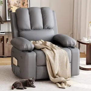 Grey Recliner Chairs, Classic Manual Leather Recliner, Home Theater Seating with Lumbar & Arms Support for Living Room, Bedroom and Nursery