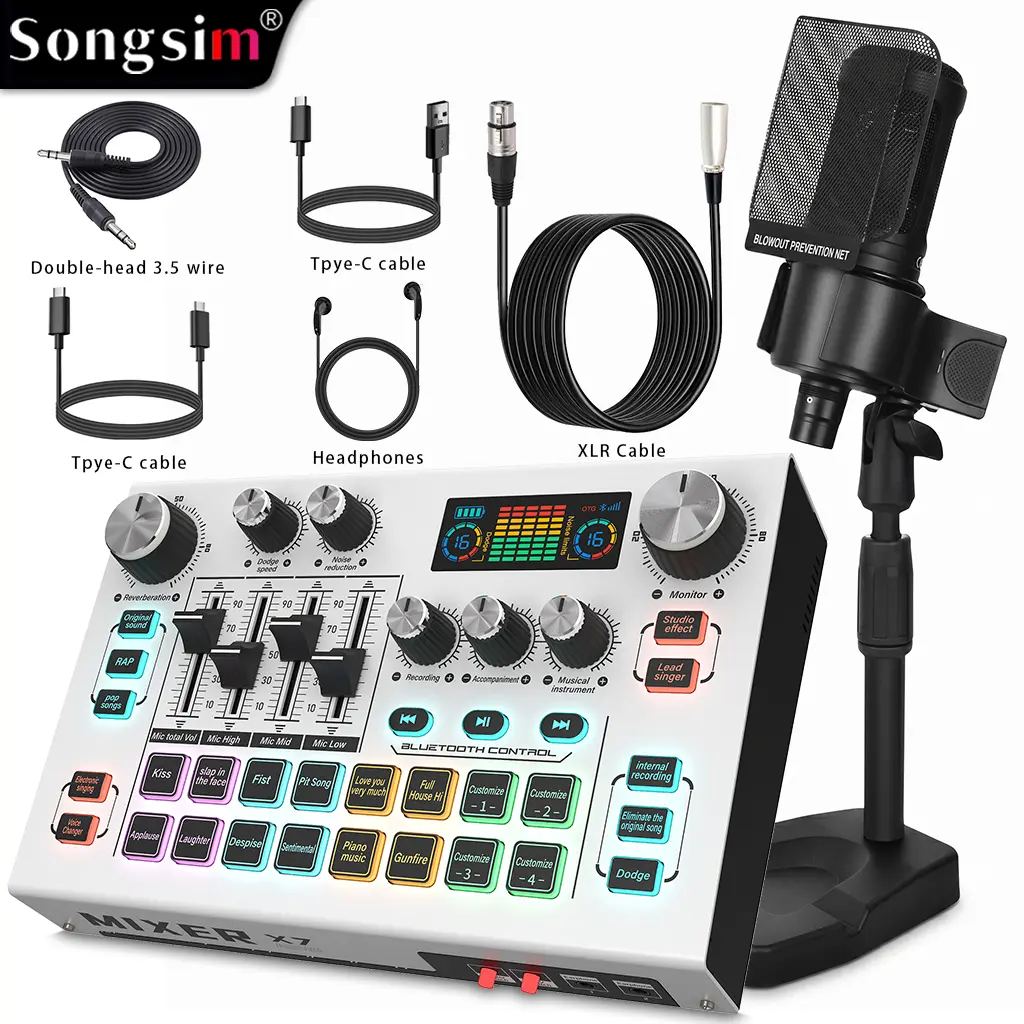 Songsim-X7 Sound Card & Microphone Set, complete audio toolkit, supports dual-host live streaming, compatible with multiple audio interfaces, integrated audio control console, suitable for gaming, singing, live streaming, video production, studio use