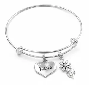Nana Bracelet with Initial Letter Charm – Personalized Silver Bangle with Heart & Daisy | Gift for Grandma