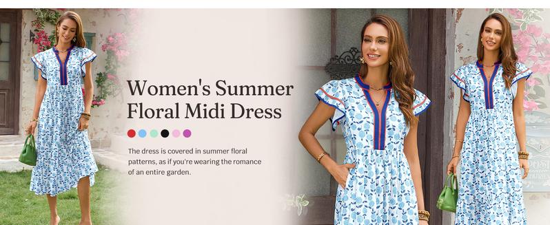 Wenrine Women's Summer Floral Midi Dresses Ruffle Cap Sleeve V Neck Flowy Boho Casual Beach Vacation Sundress Wenrine Women's Summer Floral Midi Dresses Ruffle Cap Sleeve V Neck Flowy Boho Casual Beach Vacation Sundress