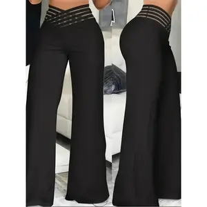 Solid Color Elegant High-Waist Cross Detail Transparent Mesh Patchwork Pants, Polyester, Machine Washable - All Seasons