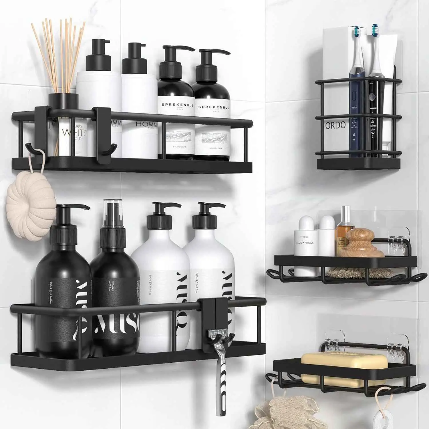 Matte Gold Modern Stainless Steel Bathroom Organizer Rack Set - 5-Pack & 1-Pack Wall-Mounted Shower Caddies, Waterproof Adhesive No-Drilling Holders for Shampoo, Soap, Bathroom Accessories, Jabukosu