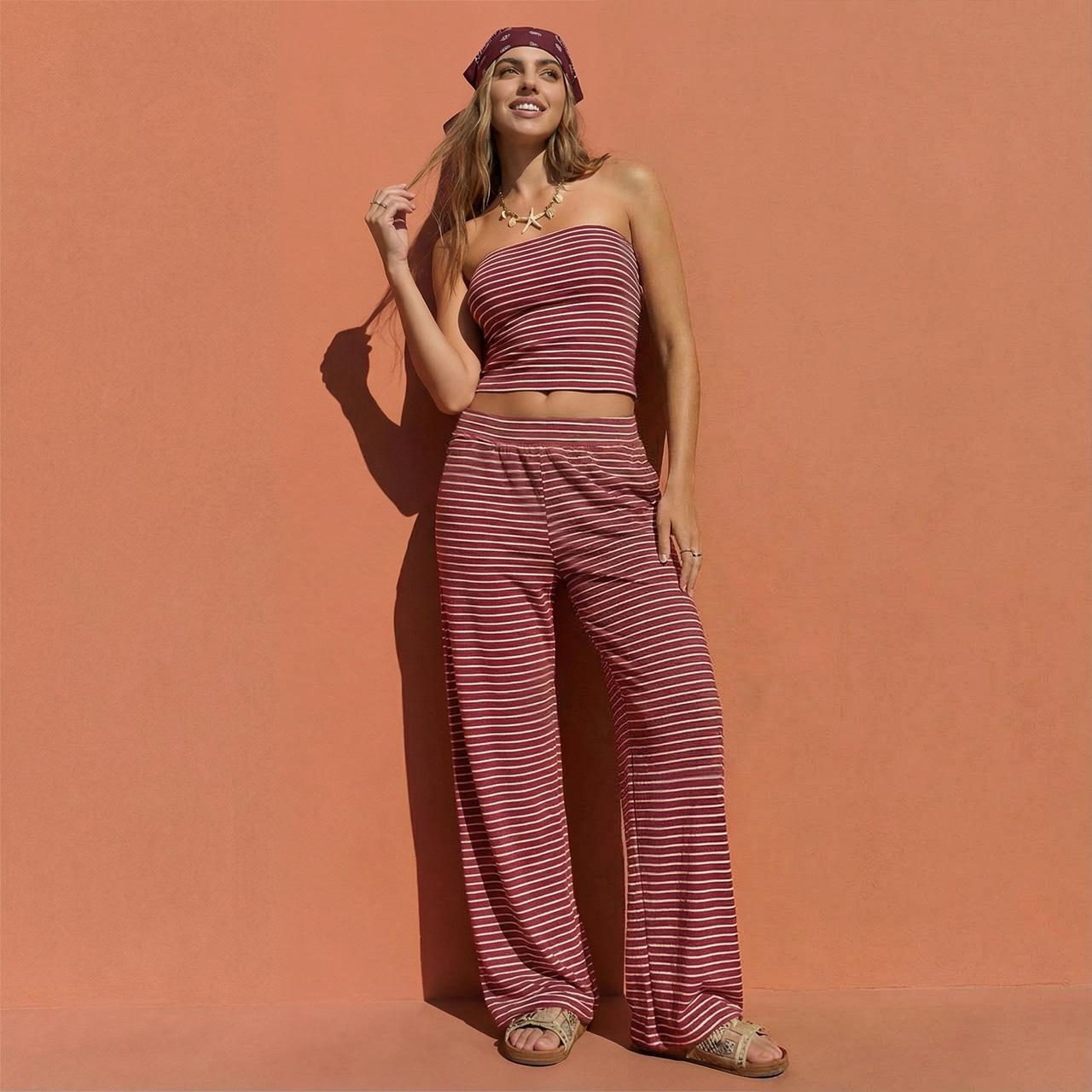 TrendyQueen Women's Sailor Tube Set - Striped Strapless Top & Mid-Rise Wide Leg Pants Co-ord-Minimalist Two Piece Outfits for Casual Wear SpringFresh