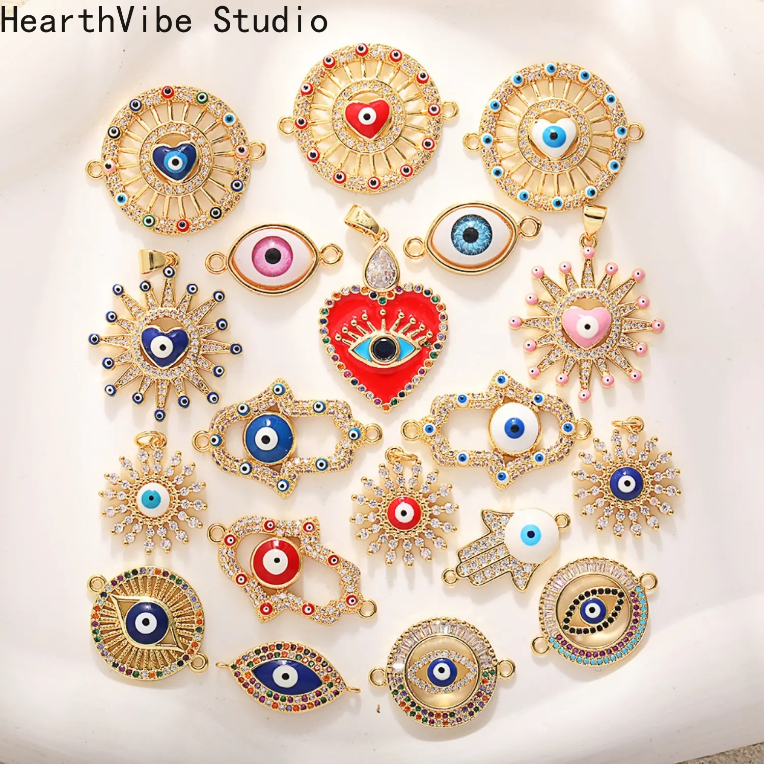 HearthVibe Studio Unisex Evil Eye Art Charm - Copper-Set Zircon Gold-Plated Pendant, Rhinestone-Decorated Double-Hole DIY Jewelry Component for Bracelets, Necklaces, Sporty Sports Wristbands
