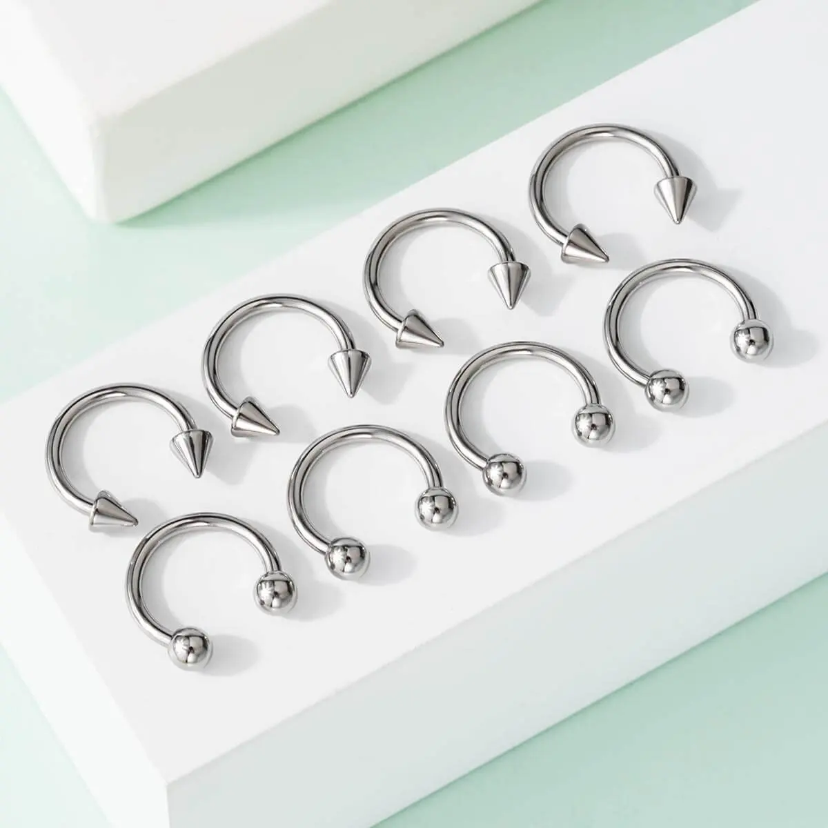 OUFER 8-Piece Horseshoe Nose Rings, 14G/16G 316L Stainless Steel Piercing Jewelry with Ball & Spike Ends for Septum, Lip Snakebites & Cartilage, Piercings, Nose Rings Hoops, Nose Piercing, Snakebite Piercing Jewelry