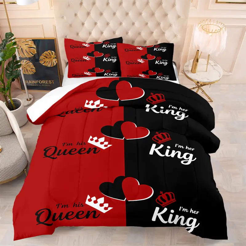 Black and Red Color-blocked Heart-patterned Comforter Set, Decorative Bedding Set with King and Queen Print. Soft, Fluffy, and Warm, Perfect for Beds, Sofas, Offices, and Camping. A Cozy and Comfortable Holiday Gift.