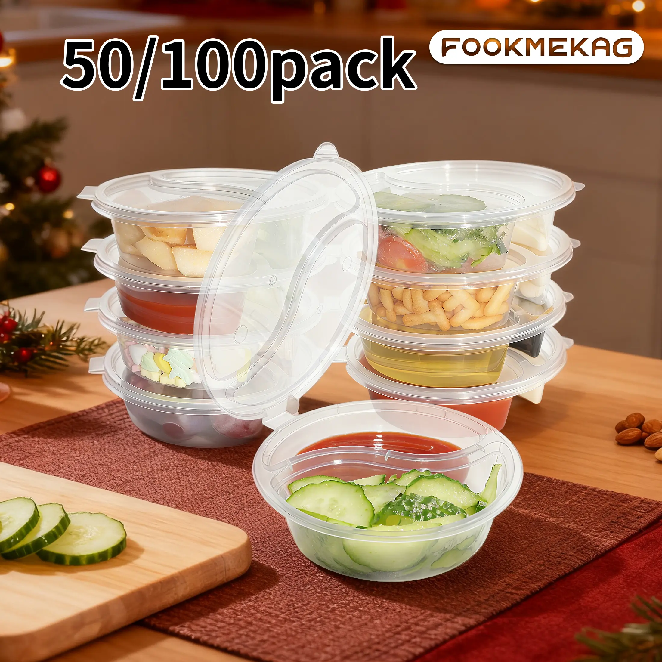Durable Reusable 2-Compartment Transparent PP Plastic Kitchen Snack Containers with Easy-to-Close Lid, Microwave-Safe Freezer-Safe for Restaurants, Takeout, Events (50/100 Sets)