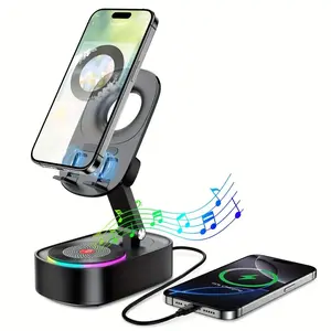 5-in-1 Wireless Bluetooth Speaker with Amplifier, Phone/Tablet Stand, Colorful Ambient Lights, and 270-Degree Rotating Foldable Portable Emergency Charging Function. Compatible with iOS and Android. Makes a perfect gift for family and friends. microphones