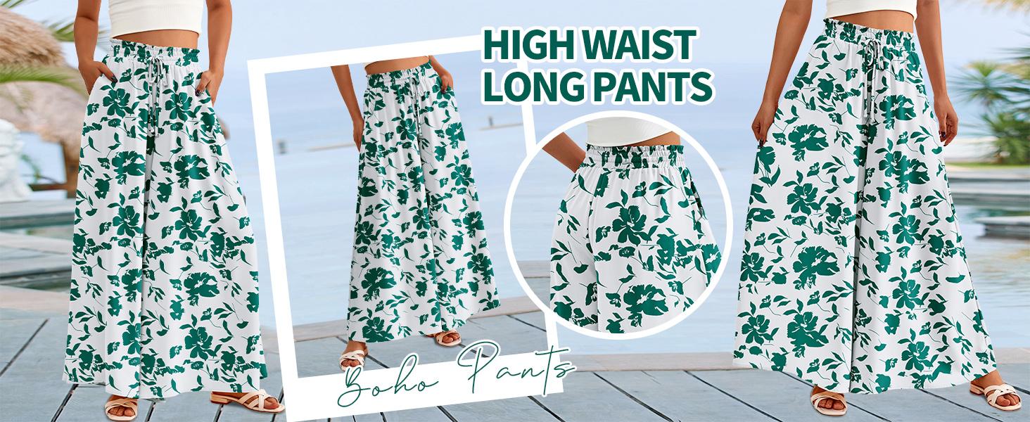 BTFBM Women Casual High Waist Wide Leg Pants Summer Floral Solid Long Palazzo Pants Lounge Beach Trousers with Pockets #Outdoorfun