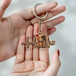 Team Punch Heart Beat Wooden Keychain, Baby Monkey Punch Keychain, Viral Cute Baby Monkey Punch Hugging Stuffed Custom Shape Wooden Keychain