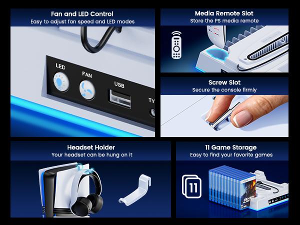 ESYWEN PS5 Cooling Fan Dock & Charging Station with Turbo Fan, 6 Game Card Slots, Dual Controller Charger, RGB Lights, Remote Holder, Compatible with PS5 2020/2023 Slim/2024 Pro Models (Disc & Digital)