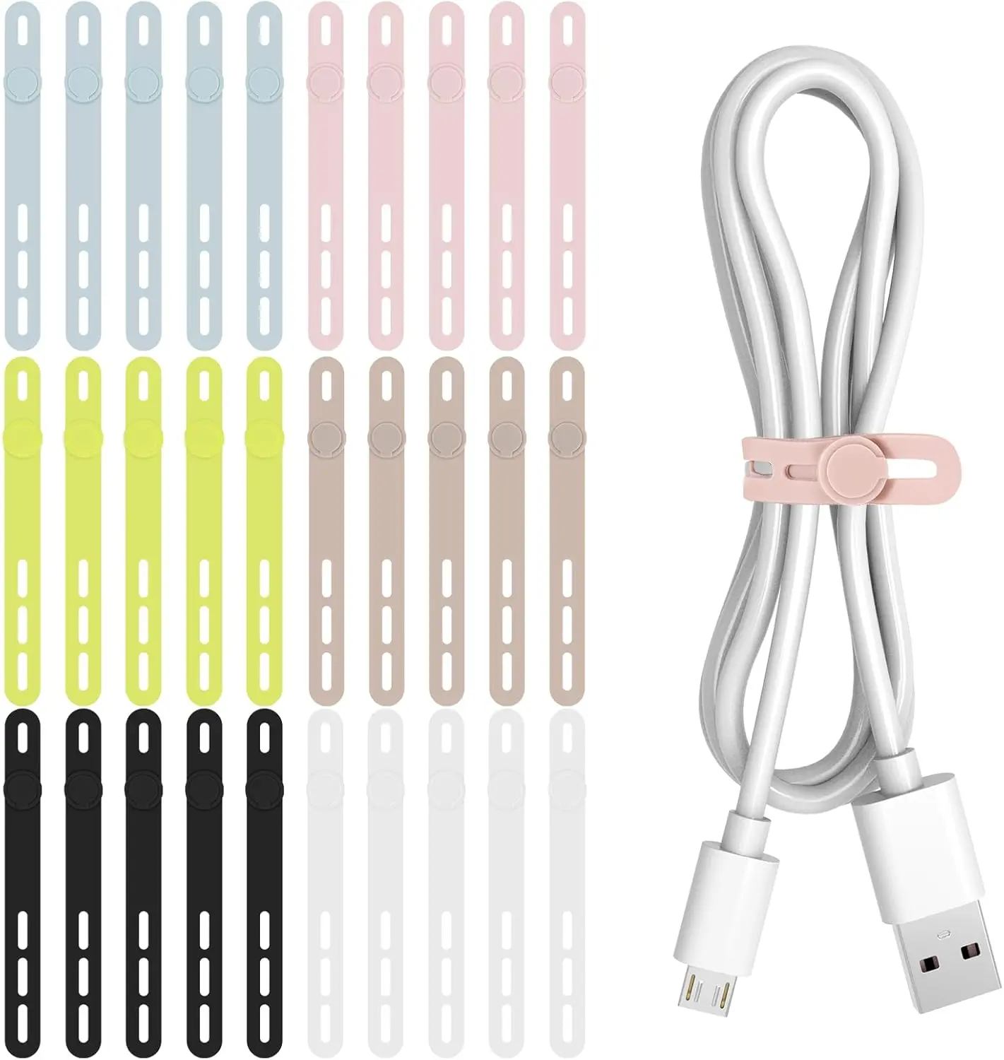 30Pcs Silicone Cable Ties - Reusable & Washable with Adjustable Locking Buckles, High Elasticity Cable Management Straps for Home, Office, School, Travel Essential Cord Organizer