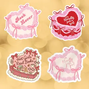 Heart Cake & Bow Sticker Set 4PCS, Coquette Girly Book Lover Sticker, Just a Girl, Hot Girls Read Books, Kindle, Laptop, Water Bottle