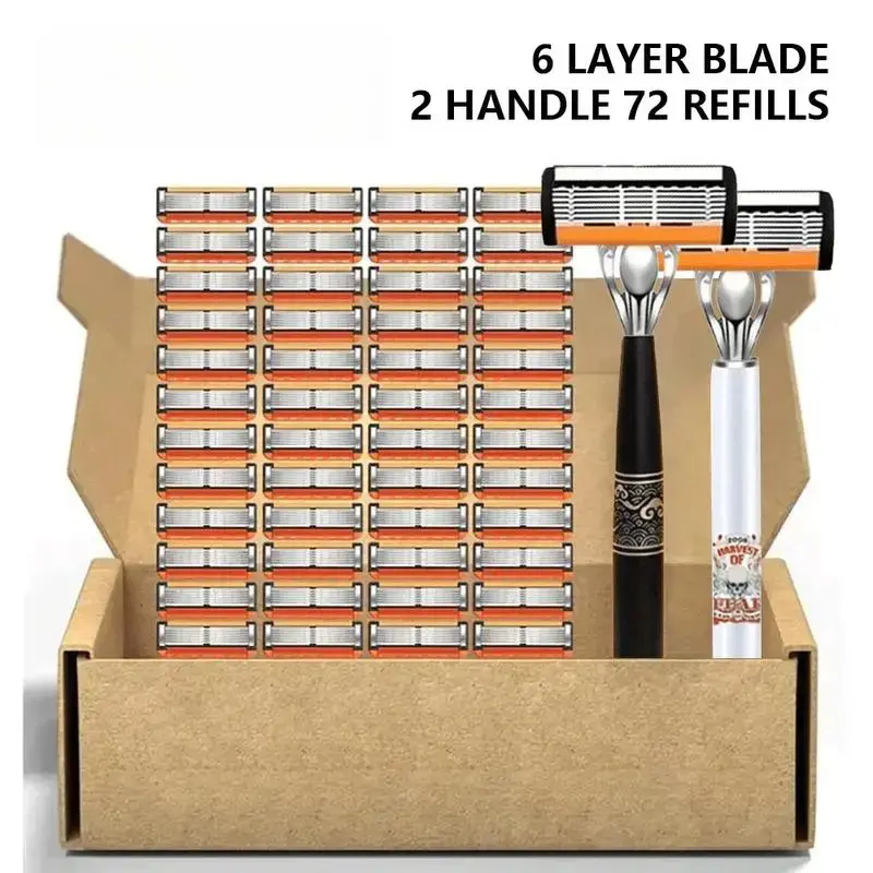 Manual Razor Set for Men, 74-Piece Classic Grooming Kit with 2 Handles and 72 Disposable Blades for a Smooth Shave, Precision Stainless Steel, for Adults, Bag, All, Stick, Metal, Any, Framed, Unscented, Stainless Metal, Smooth Daily