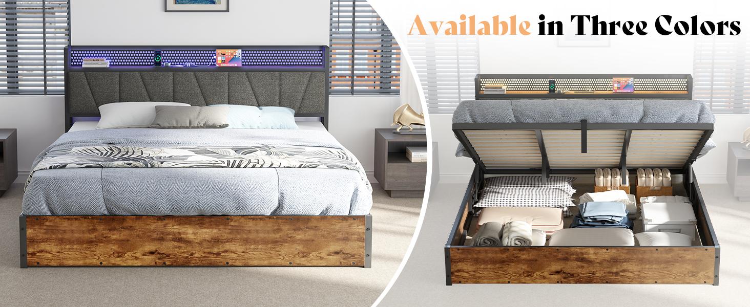 AMERLIFE King Size Lift Up Storage Bed Frame with LED Lights, Linen Upholstered Headboard with Charging Station, Wooden LED Light Platform Bed Frame,Best Gift Ideas/Christmas Gifts