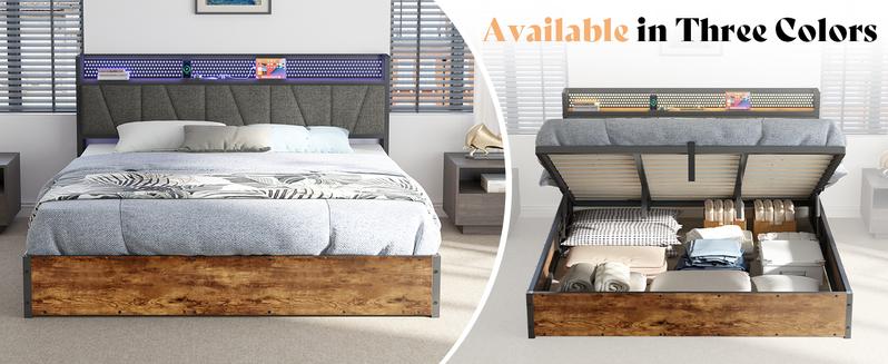 AMERLIFE King Size Lift Up Storage Bed Frame with LED Lights, Linen Upholstered Headboard with Charging Station, Wooden LED Light Platform Bed Frame,Best Gift Ideas/Christmas Gifts