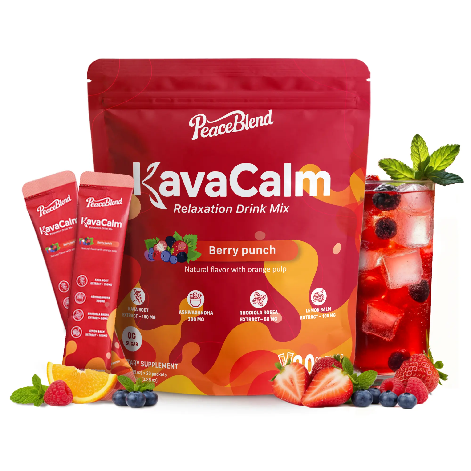 Supercalm Powdered Drink Mix, Cortisol Reducer and Sleep Aid with Kava Root, Ashwagandha, L-Theanine, Magnesium Glycinate, Lemon Balm, Rhodiola, Vitamin D3 & B6, Vegan, Non-GMO, 20 Packets