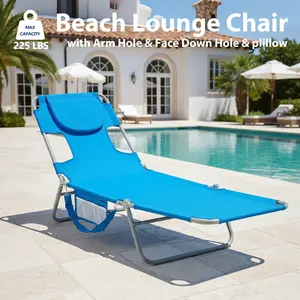 Folding Adjustable Chaise Lounge Chair, Portable Beach Lounge Chair with Backpack Straps & Side Pocket for Outside, Patio, Poolside, Lawn