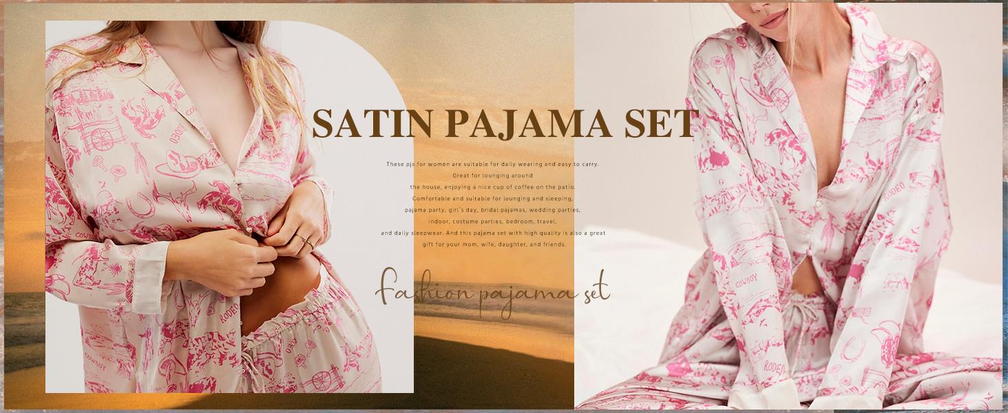 Yimoon  2 Piece Satin Pajama Set for Women Silk Pajamas Set  Floral Pj Set Long Sleeve Button Down Pjs Sleepwear