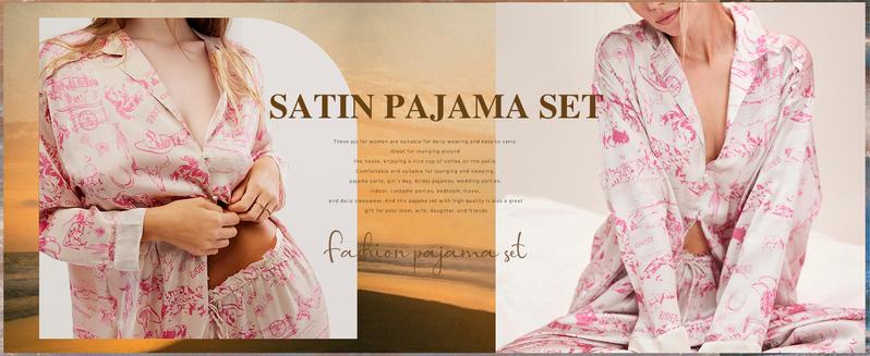 Yimoon  2 Piece Satin Pajama Set for Women Silk Pajamas Set  Floral Pj Set Long Sleeve Button Down Pjs Sleepwear