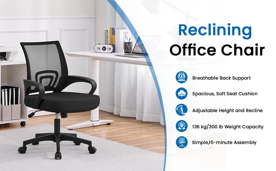 Yaheetech Ergonomic Mesh Office Chair Adjustable Height, Reclining Mid Back Desk Chair Swivel Rolling with Fixed Lumbar Support