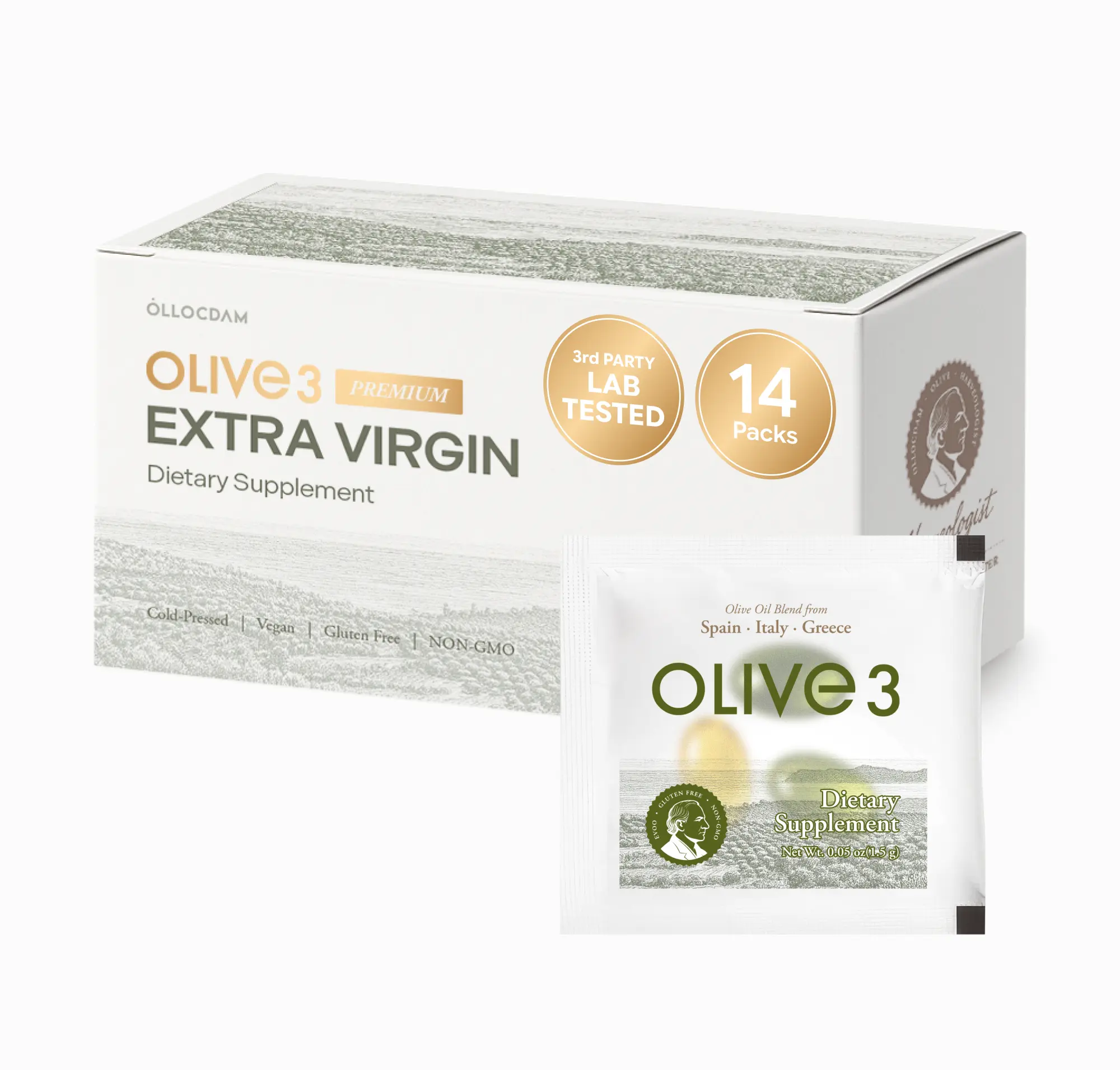 Olive3 Extra Virgin Olive Oil Softgel Capsules, 2,526mg/kg, High Polyphenol, Cold Pressed Blend of Spain, Italy & Greece, Antioxidant Support, 14 Daily Packets