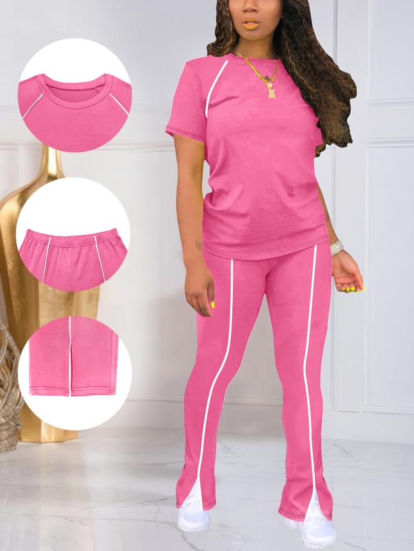 AUXDIO Women's 2-Piece Casual Athleisure Set - Short-Sleeve T-Shirts, High-Waist Slit Pants, Multi-Size Workout Sets Women for Summer Gym Home Fitness, Matching Workout Clothes