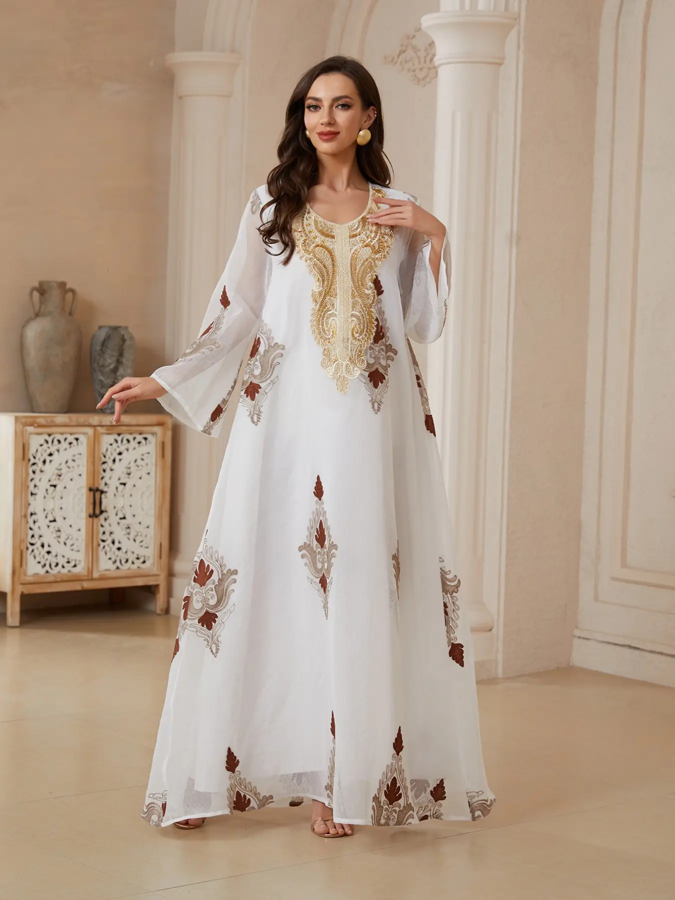 Women's Traditional Embroidered Long Sleeve Breathable Mesh Dress Jaiabia, Boho Bohemian Style Long Kaftan Robe, All Season Loose-Fitting Formal Evening Gown Abayas Elegance