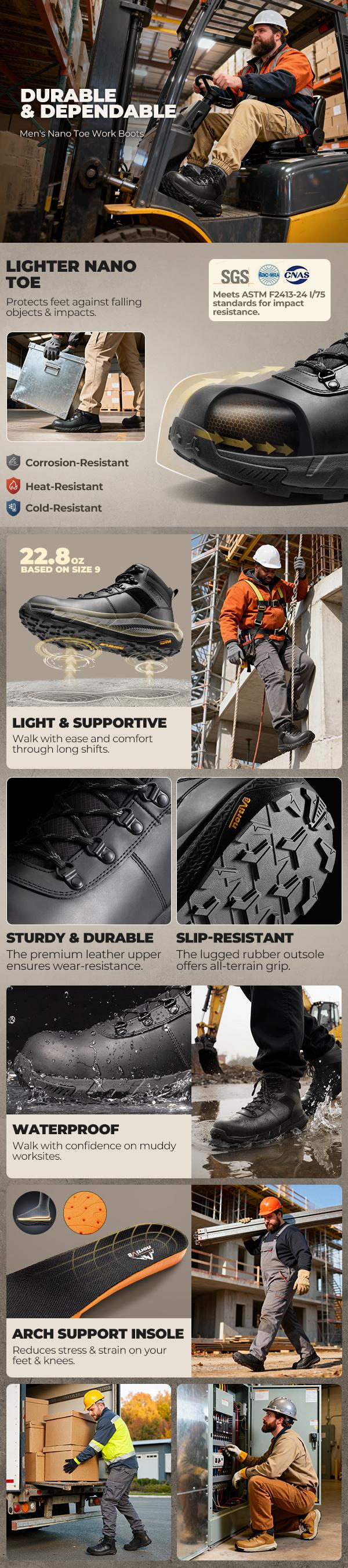 【Nano Composite Toe】NORTIV 8 Composite Toe Boots for Men Work Boots Anti-Fatigue Waterproof Lightweight Non-Slip ASTM F2412-24 for Warehouse Construction DriftShield-nano