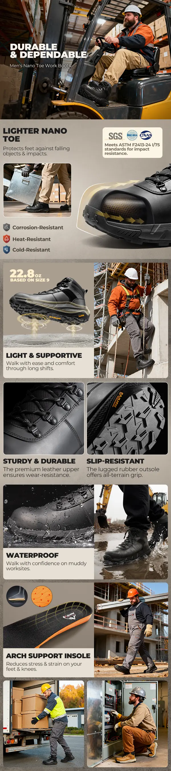 【Fall Deals】NORTIV 8 Men's Nano Composite Toe Work Boots, Closed-Laced Round Toe Footwear with Leather Upper, TPU & Rubber Laces, Anti-Fatigue Lightweight Slip-Resistant Breathable ASTM F2412-24 DriftShield-Nano All-Season Safety Shoes for Warehouse Worke