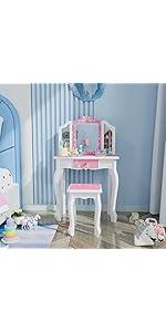 JOYMOR Kids Vanity Set with Mirror, 2-in-1 Design, Toddler Vanity w/a Drawer, Storage Box, 7 pcs Make up Accessories, Pretend Play Kids Vanity Table and Chair Set (White)