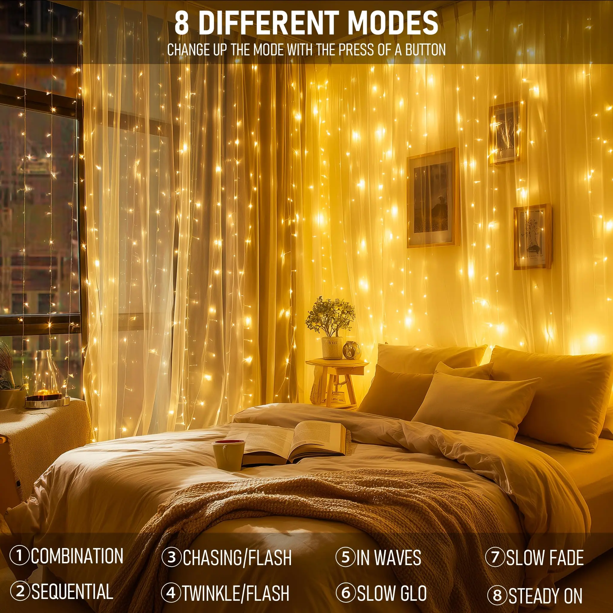 300-LED Waterproof Curtain String Lights (DJ10LY0161) - Plug-in US Plug, 8-Mode Warm White, Easy Setup Festive Holiday Lights for Bedroom, Wedding Decor