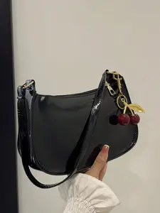 Solid Color Minimalist Zip Shoulder Bag, Fashionable Cherry Charm Underarm Bag & Top Handle Bag, Burgundy New Year Handbag