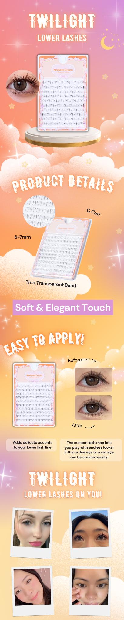 Ninetynine Dreams 120PCs Twilight Lower Lashes | C Curl Ultra-Thin Band Lightweight 6–7mm Soft Natural Comfortable Bottom Lashes — Beginner Friendly Makeup Essential DIY Bottom False Eyelashes For Everyday Makeup Cosmetic