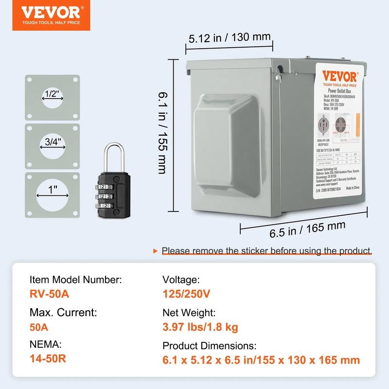 VEVOR Temporary Power Outlet Panel, TikTokShopBlackFriday, 125/250V, RV Power Outlet Box with a 20/30/50 Amp Receptacle Installed, NEMA 14-50R / NEMA TT-30R / 15A GFCI for RV Camper Trailer Motorhome, Tested to UL Standards