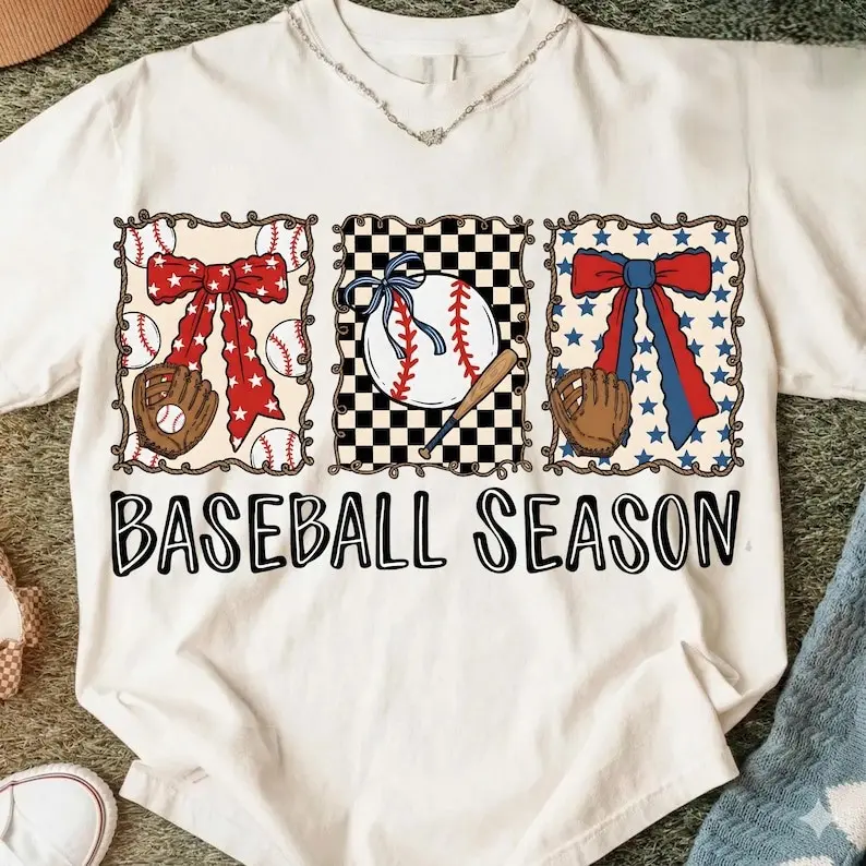 Women's Short-Sleeve Fitted Round Neck Checkered Preppy Coquette Graphic Tee - Holiday Casual Wear Brushstroke Bow Top, Vintage Sports Mama T-Shirt, Shortsleeve, Tshirt, Style, Crew Neck, Cold Wash, Cotton, Do Not Bleach, Trending, Fashion