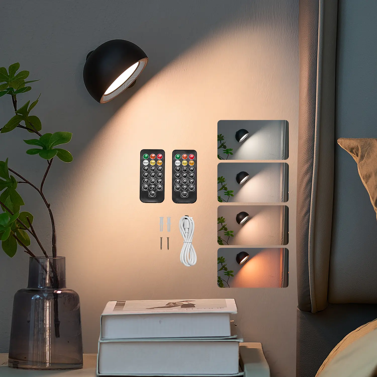 VEVOR 2PCS Rechargeable LED Wall Sconces - Screwed to Wall, Battery Operated, Remote Control, 360° Rotatable, Dimmable, Adjustable Color Temps & Brightness, 4-Level Timer, 3-4H USB Type-C Charging, Screws Included, Bathroom Lighting, Father's Day Gift, Fa