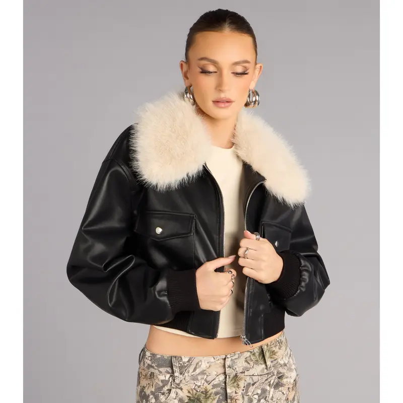 faux leather bomber crop - TikTok Shop
