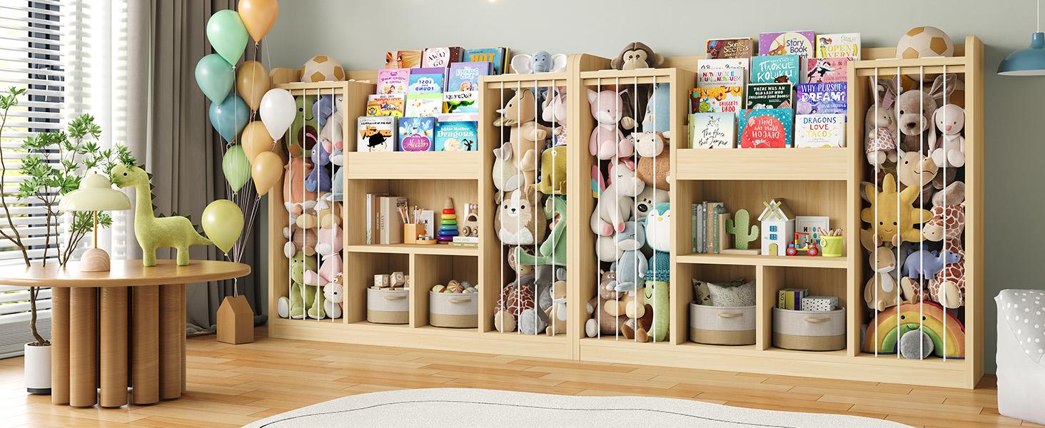 ONBRILL Two Wooden Stuffed Animal Storage, Toddler Toy Storage Organizer with 4-Tier Kids Bookshelf and 3 Open Cube Shlef, Multifunctional Bookcase for Kids Rooms Playroom Nursery